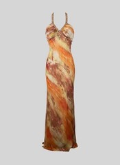 Orange Abstract Print Beaded Halter Gown