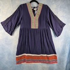 White Mark Womens Navy Blue Boho Embroidered Trim Bell Sleeve Mini Dress Size M