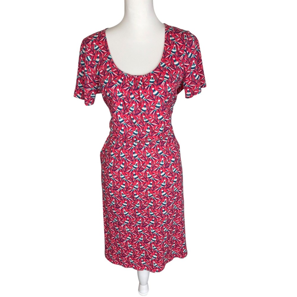 Boden Bird Print Elspeth Jersey Dress Pink Blue Short Sleeve Cotton Modal US 8R