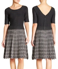Taylor Charcoal/Cream Mock 2pc Button V-Back Fit & Flare Stretch Sweater Dress