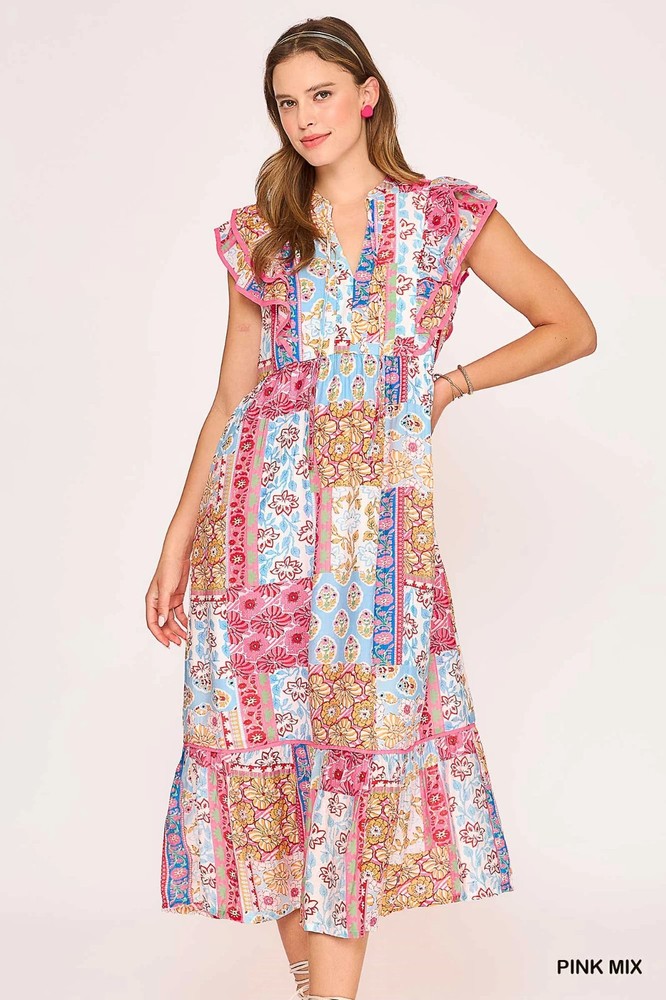 Umgee Pink Mix Patchwork Print Midi Dress Flutter Sleeves