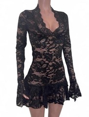 Fairy Black Lace Ruffled Micro Mini Dress M Festival Going Out See Thru Beachy