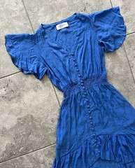 Walker Wade Smocked Short Flutter Sleeve Hi Low Midi Dress Resort Blue New S