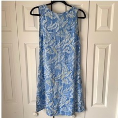 Batik Bali Women Blue White Fern Leaf Print Rayon Sleeveless V-Neck Shift Dress