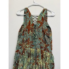 Batik Floral Midi Dress Lace Up Back Bubble Hem Teal Brown Women