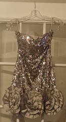 Women’s Silver Sequin Sweetheart Strappy Sleeveless Mini Dress S Ruffle Hem