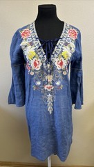 JOHNNY WAS Workshop Embroidered Linen Dress Small Bell Sleeves Boho Chic