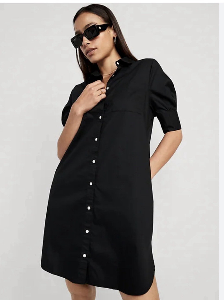 Old Navy Women&rsquo;s Black Solid Collared Button-Front Shirt Dress Pockets L