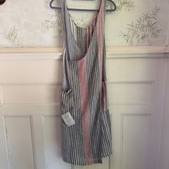 NWT FLAX Linen Shop Jumper Wrap Dress Striped Pinafore Apron Multi Pockets XS