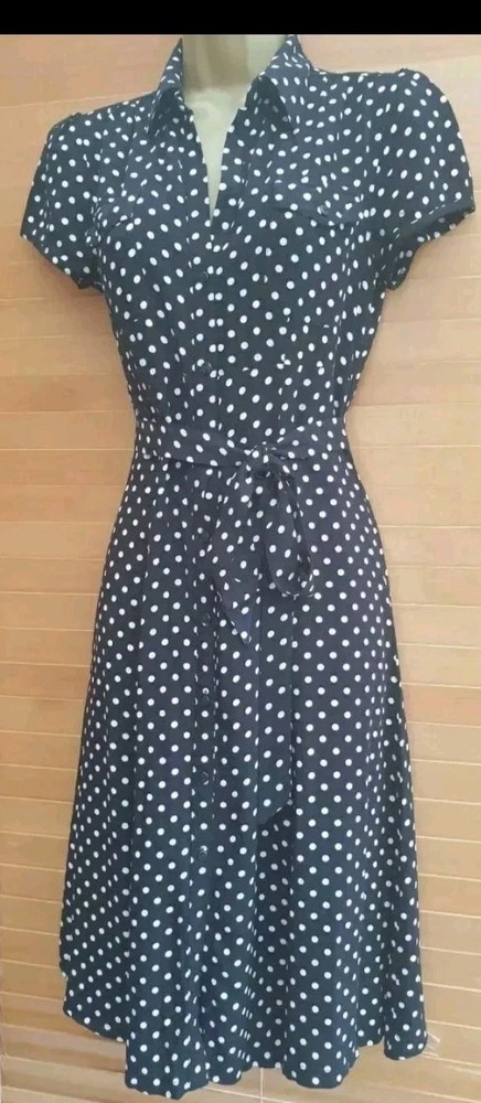 Vintage WW2 1940s 1950s style Black Polka-dot party shirt tea dress Size 10 NEW