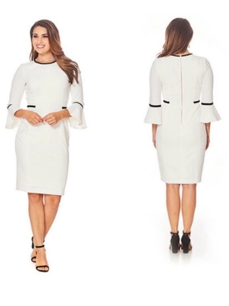 Calvin Klein White Sheath Midi Dress with Black Trim