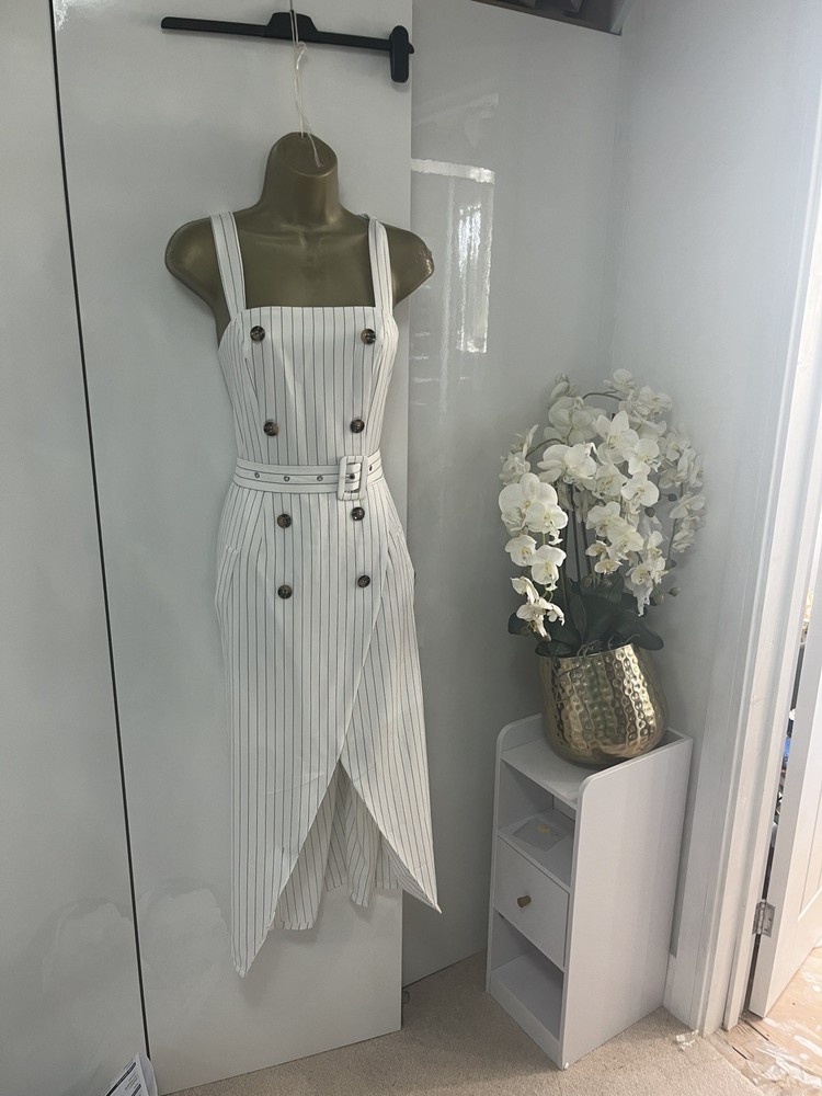 Missguided pinstriped Button summer Midi Dress White Uk 12 stretch