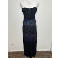 Silence + Noice Black & Blue Strapless Pleated Maxi Dress Front Slit Size 8