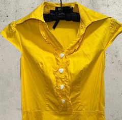 Yellow Fit Flare Heart Button Collared Midi Dress Retro 50s Pinup Rockabilly S