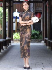 Qipao Long Dress Split Side Modern Plus Size Short Sleeve Ancient Chinese Party