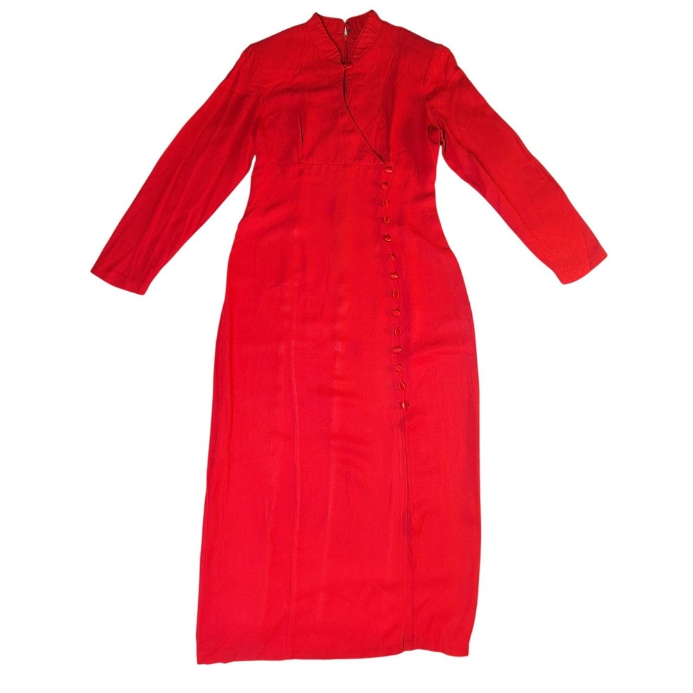 Scarlet Red Vintage Maxi Dress Mandarin Collar Button Detail Small USA