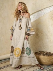 Boho V-Neck Printed Kaftan Dress 3/4 Sleeve Loose Indo-Western Midi Plus S-5XL