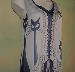 S Novelty Cat Print Midi Dress Mid-Century Modern Long Neck Cats Lagenlook Boho