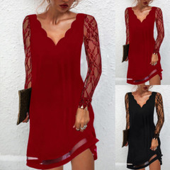 ️Women&rsquo;s V-neck Long Sleeves Lace Dress Ladies Evening Cocktail Party Mini Dress