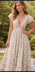 Max Studio London Cotton Floral V-Neck Midi Dress Green flutter Sleeve S M $178