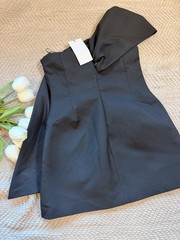 Women’s Black Solid One-Shoulder Sleeveless Mini Dress with Bow Accent