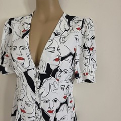 White Button Front Mini Dress Black Red abstract face print Size XS