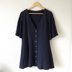 LUCCA Dark Blue Linen Mini Dress Size M Fluttery Bell Sleeve Button Down V Neck
