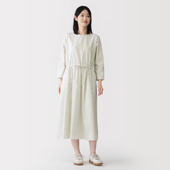 MUJI Womens Light Broadcloth Pullover Dress Off White Stripe FedEx