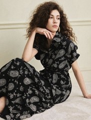 Women’s Black & White Paisley Midi Shirt Dress Short Sleeve Tie Waist BohoCasual