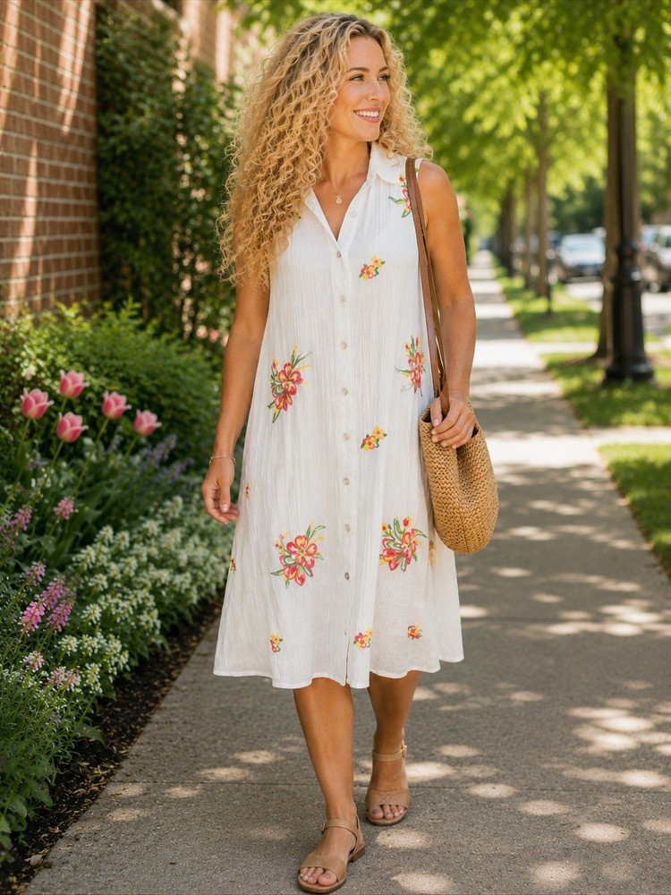 Rose & Everly Floral Button Down Resort White Lined Dress Medium Embroidered