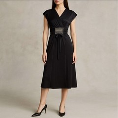 Y2K Black Satin Midi Dress with Beaded Waist, Size Small | Sexy, Sultry, Evening