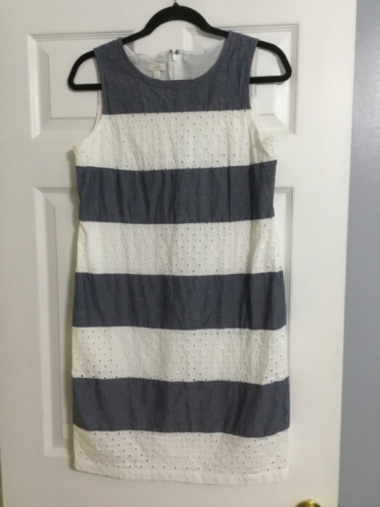 TALBOTS Blue Chambray & White Eyelet Shift Dress Sleeveless Petite 8P Nautical