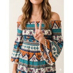 Umgee Boho Smocked Off Shoulder Bell Sleeve Babydoll Tunic Dress Pom Pom Trim M