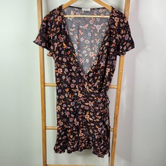 Ghanda Mini Wrap Dress Womens Small Black Floral Short Sleeve Ruffle Hem V-Neck