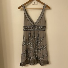Adrianna Papell Evening Womens Grey Silver Silk Beaded Mini Dress Wedding, 8