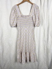 Ganni checked seersucker puff sleeve smocked midi ruffle dress organic cotton 4
