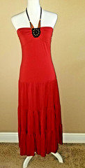LADIES HALTER TOP MAXI DRESS WITH ATTACHED FULL FLARE SKIRT BOTTOM.