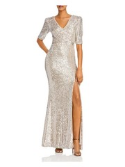 AQUA FORMAL Womens Slitted Pouf Sleeve V Neck Full-Length Evening Sheath Dress