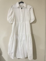 AMADI White Collared Puff Sleeve Tiered Midi Dress Cotton Poplin S Petite