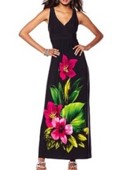 V-Neck Tropical Flower Print Placement Maxi Dress Ronni Nicole O-So-Slim XS 0-4