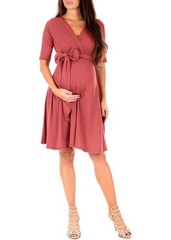 Rust-Color Mother Bee Maternity Faux Wrap Dress, size large