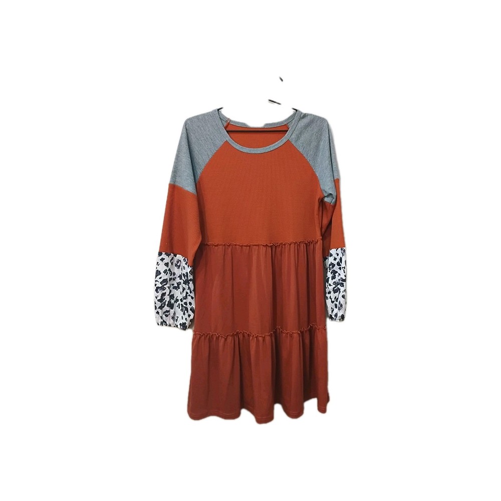 Size M Brown Gray Long Sleeve Sheer End Sleeve Dress