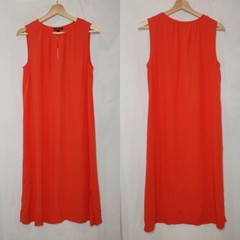 Eileen Fisher Shift Dress Sleeveless Round Split Neck Crepe Tencel Red Orange XS