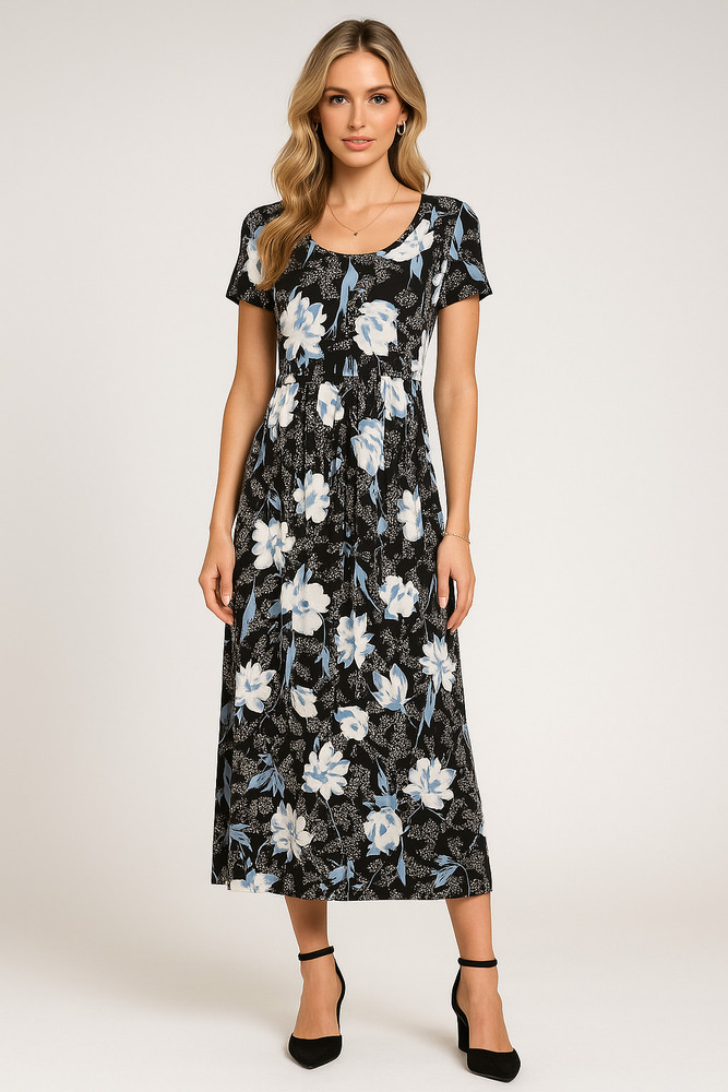 Womens Maxi Dress M Black White Floral Stretch Comfort Cottagecore Classic Flowy