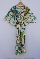 Women Cotton Hippie Summer White Sleepwear Peacock Print Long Maxi Caftan Dress