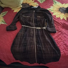 GUESS Women&rsquo;s Shirt Dress XS Black Plaid Velvet Zip Front Chain Belt Collared