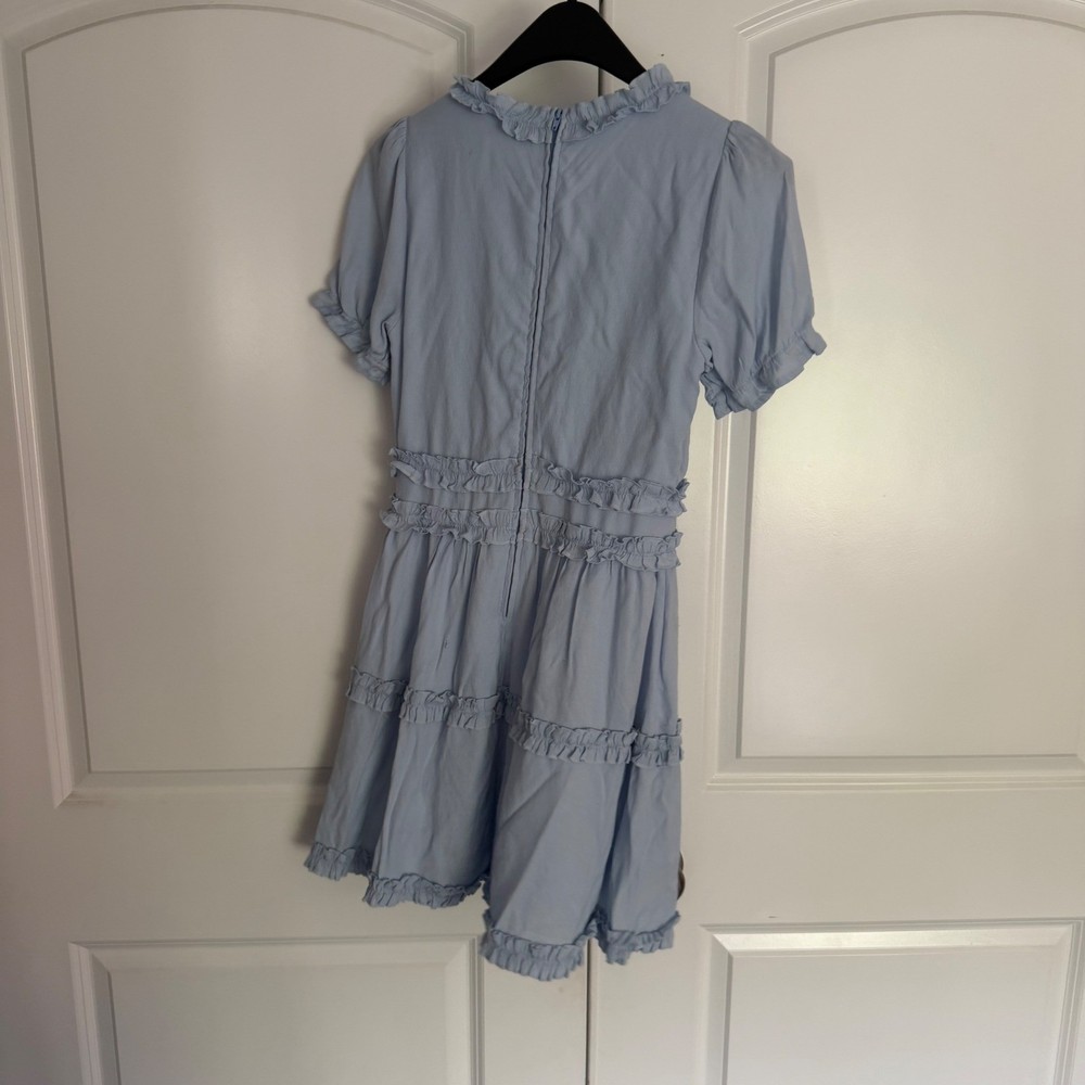 Mi Ami Light Blue Ruffle Tiered Mini Dress V-Neck Puff Sleeve Babydoll Medium