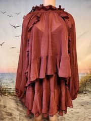 new Commense Red Semi-Sheer Chiffon Ruffle Dress with Cape Overlay, Large
