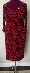 Evan-Picone Women Red/ Black Leaf pattern Midi 3/4 sleeve jersey dress Size 10