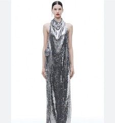 Magda Butrym X H&M – SILVER SEQUIN ROSE APPLIQUE MAXI DRESS – size Small